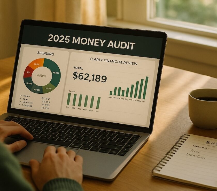 Over-the-shoulder view of a person reviewing a 2025 money audit on a laptop with charts, budget notes, receipts, and morning sunlight on a kitchen table