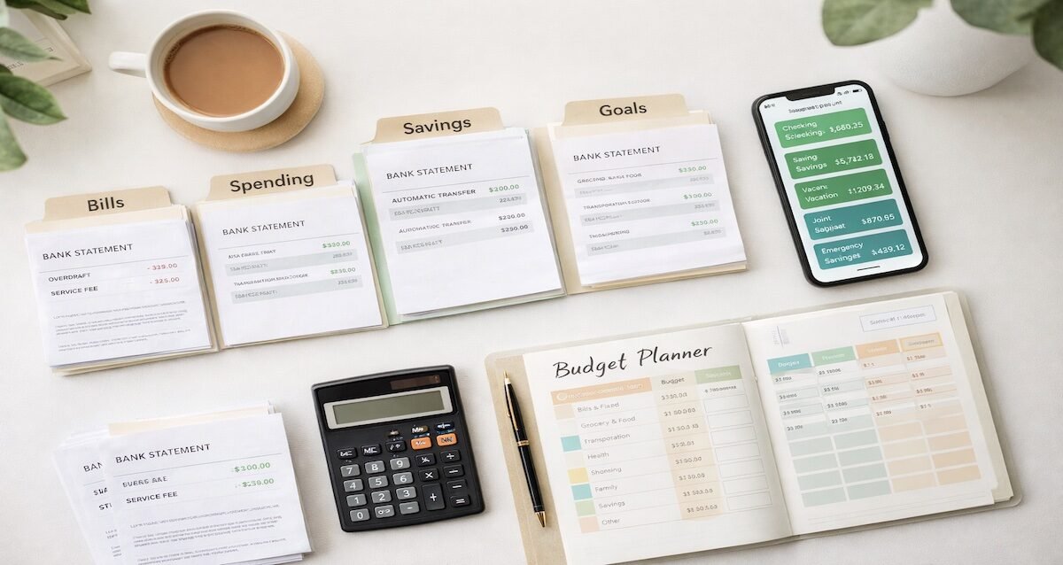 Organized banking system showing multiple account statements for bills, spending, savings, and goals with budget planning tools