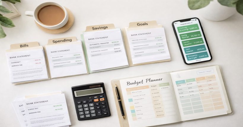 Organized banking system showing multiple account statements for bills, spending, savings, and goals with budget planning tools
