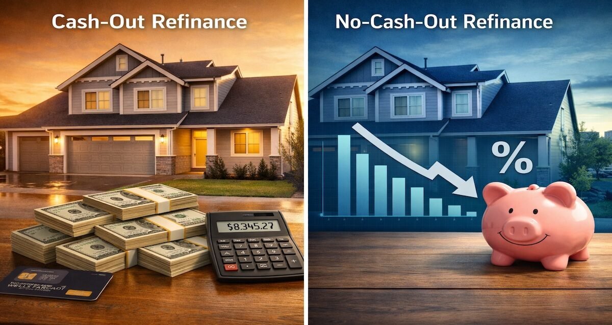 Cash-out vs no-cash-out refinance comparison illustration showing home equity options and interest rate savings