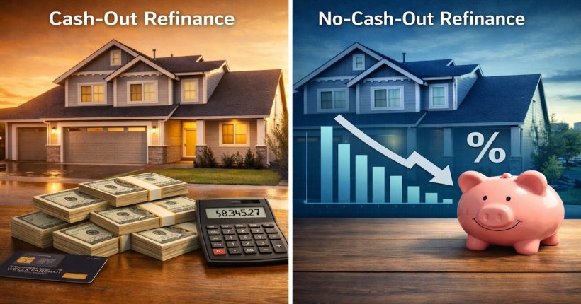 Cash-out vs no-cash-out refinance comparison illustration showing home equity options and interest rate savings