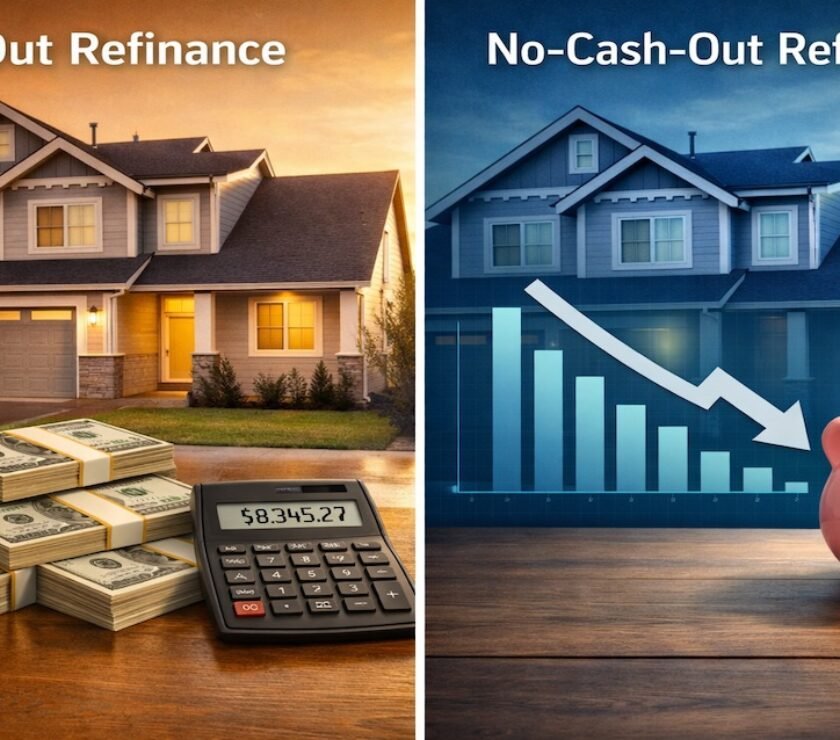 Cash-out vs no-cash-out refinance comparison illustration showing home equity options and interest rate savings