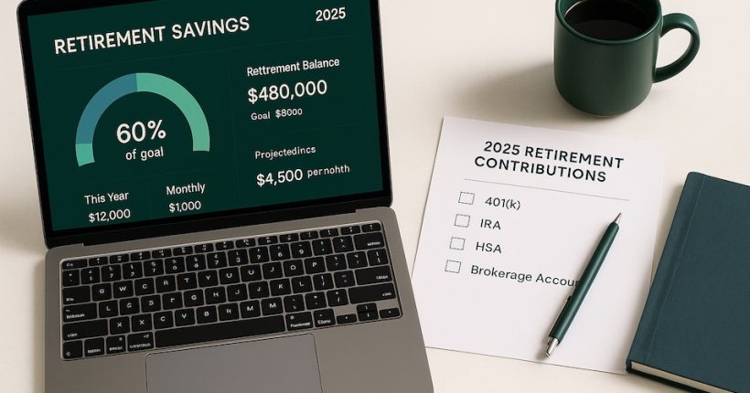 Retirement planning workspace with laptop showing savings chart, 2025 contribution checklist, pen and notebook on a clean desk for year-end financial planning