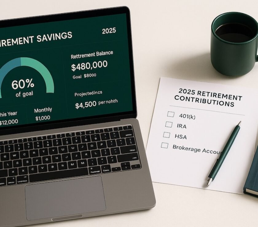 Retirement planning workspace with laptop showing savings chart, 2025 contribution checklist, pen and notebook on a clean desk for year-end financial planning