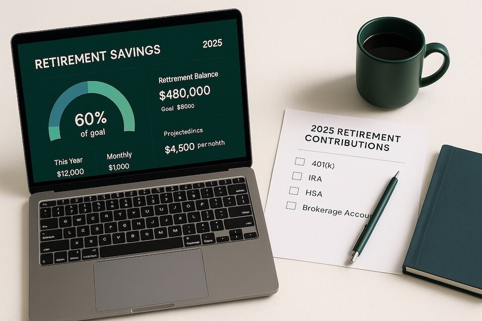 Retirement planning workspace with laptop showing savings chart, 2025 contribution checklist, pen and notebook on a clean desk for year-end financial planning