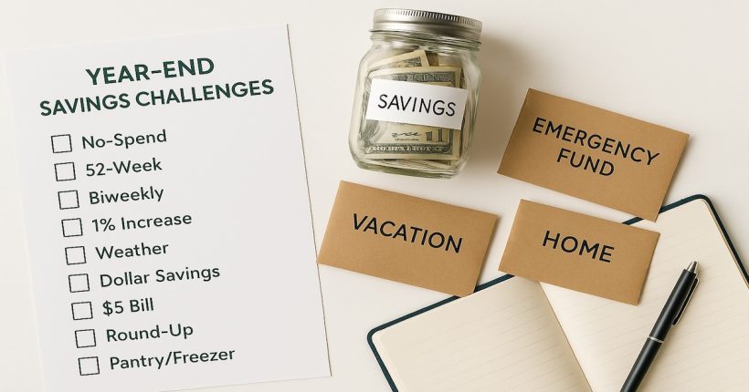 Year-end savings challenge checklist with envelopes, notebook, and savings jars arranged on a clean desk for December financial planning