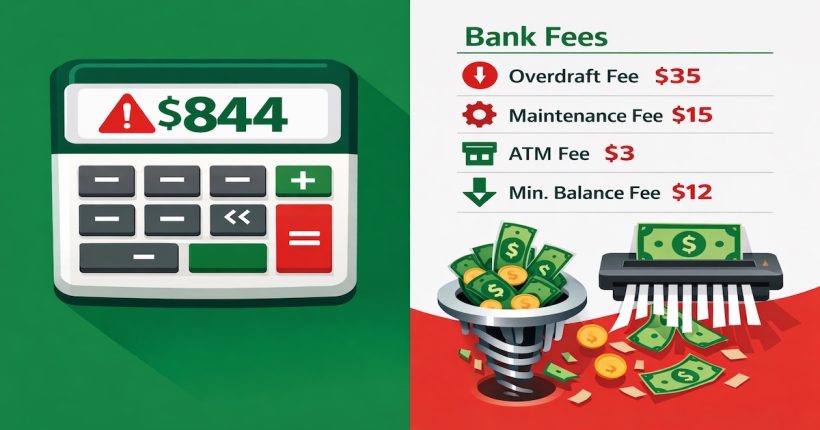 Illustration showing money leaking from a bank with labeled banking fees including overdraft charges, monthly maintenance, and ATM costs