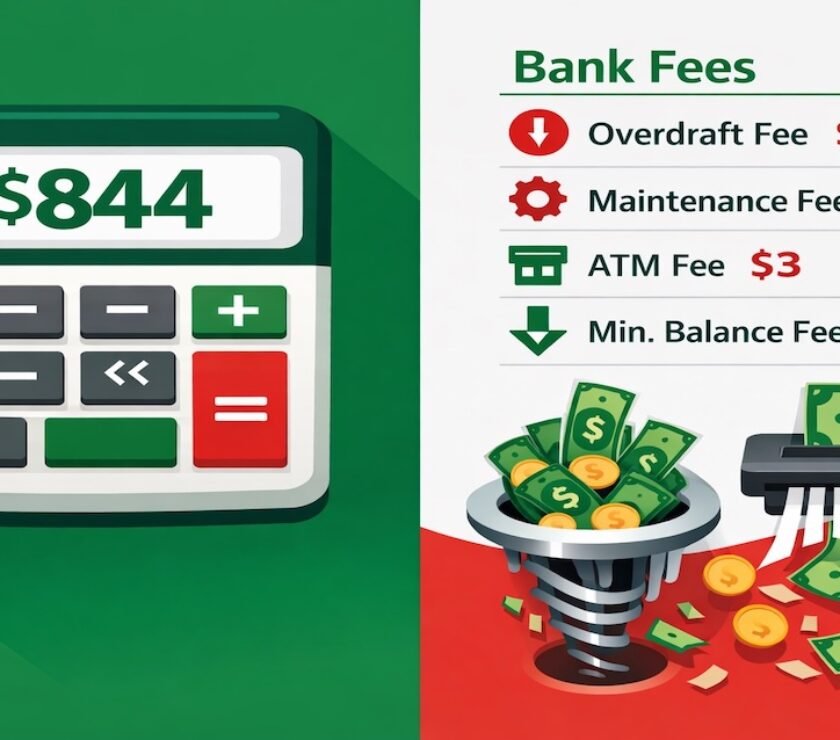 Illustration showing money leaking from a bank with labeled banking fees including overdraft charges, monthly maintenance, and ATM costs