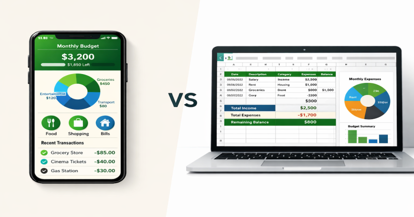 Split-screen comparison showing budgeting app on smartphone versus spreadsheet on laptop for personal finance management