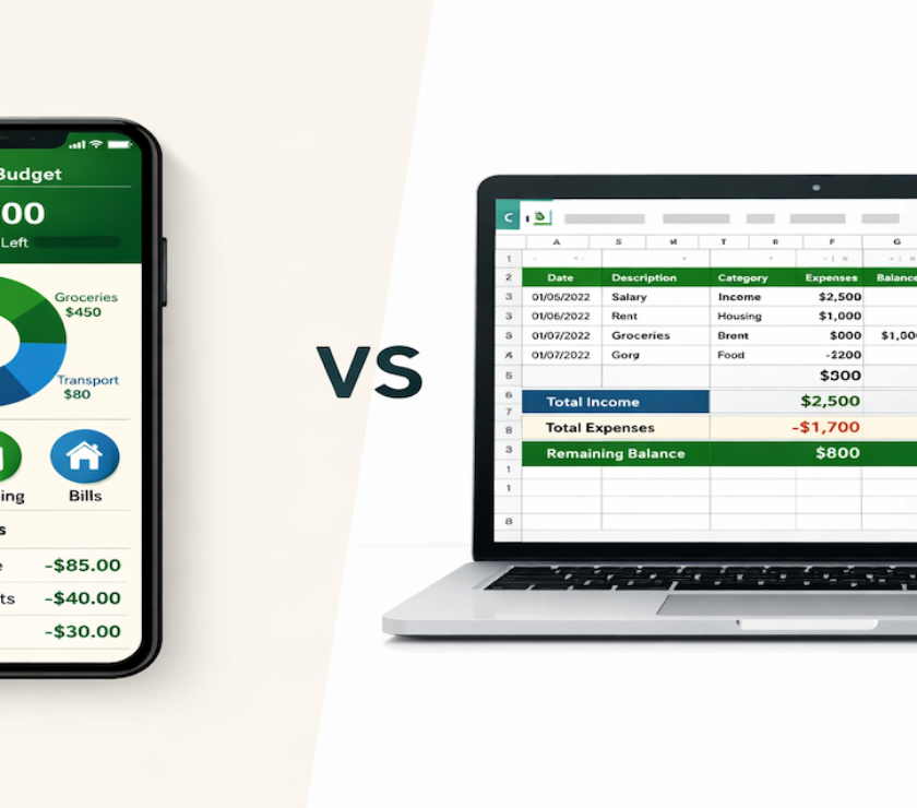 Split-screen comparison showing budgeting app on smartphone versus spreadsheet on laptop for personal finance management