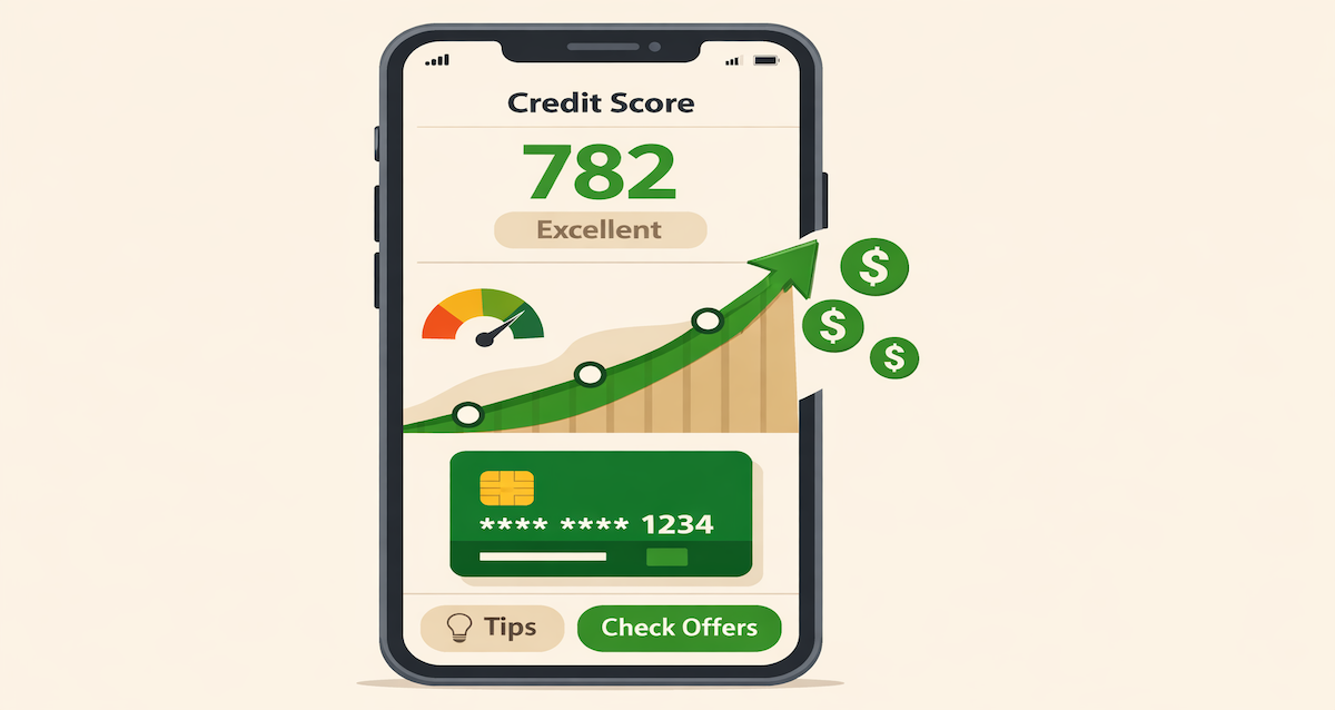 Secured credit card and smartphone showing rising credit score from 580 to 720 with banking tools for credit repair