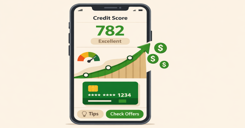 Secured credit card and smartphone showing rising credit score from 580 to 720 with banking tools for credit repair