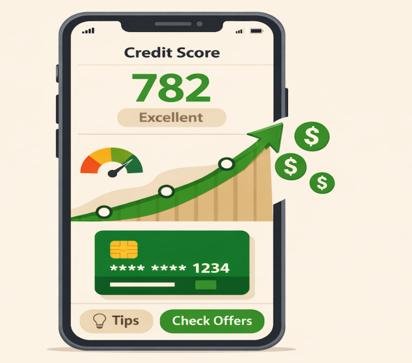 Secured credit card and smartphone showing rising credit score from 580 to 720 with banking tools for credit repair