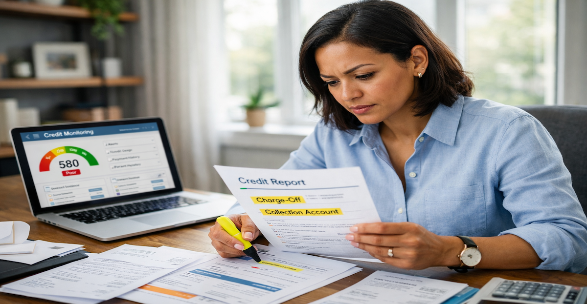 Person reviewing credit report to understand charge-offs, collections, and late payments for credit recovery strategy