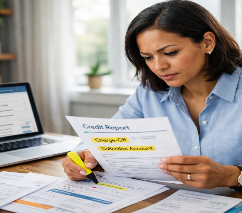 Person reviewing credit report to understand charge-offs, collections, and late payments for credit recovery strategy