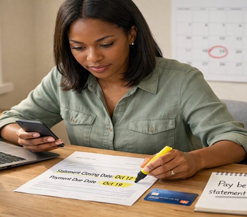 Person highlighting statement closing date on credit card statement while comparing payment timing on desk calendar