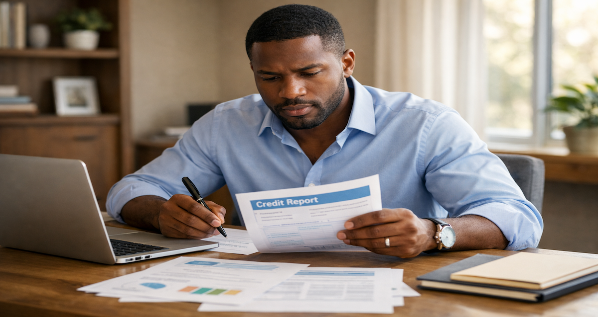 Young man reviewing credit reports and organizing documentation to dispute credit report errors