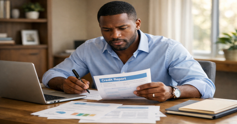 Young man reviewing credit reports and organizing documentation to dispute credit report errors