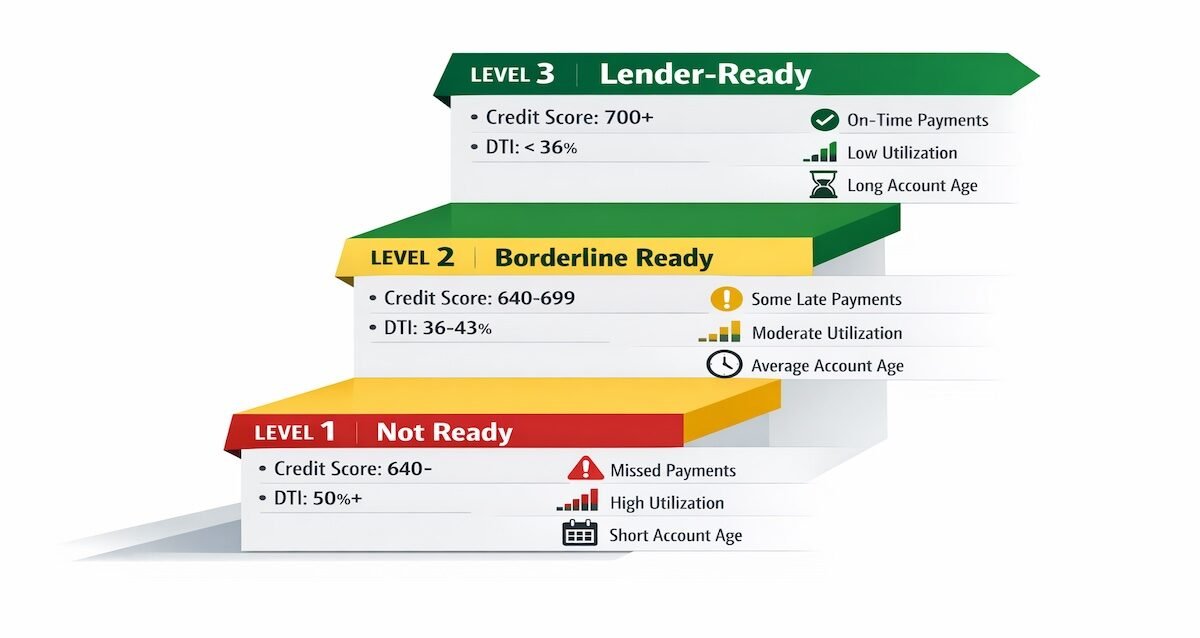 Three-tier credit readiness framework showing Not Ready, Borderline Ready, and Lender-Ready levels with corresponding credit score ranges and DTI thresholds