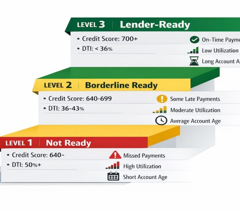 Three-tier credit readiness framework showing Not Ready, Borderline Ready, and Lender-Ready levels with corresponding credit score ranges and DTI thresholds