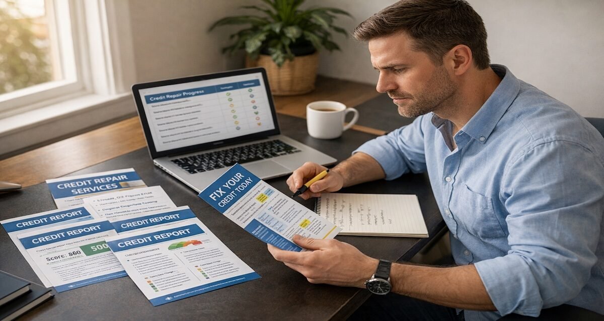 Person carefully comparing credit repair service options and reviews while taking notes at organized home office desk