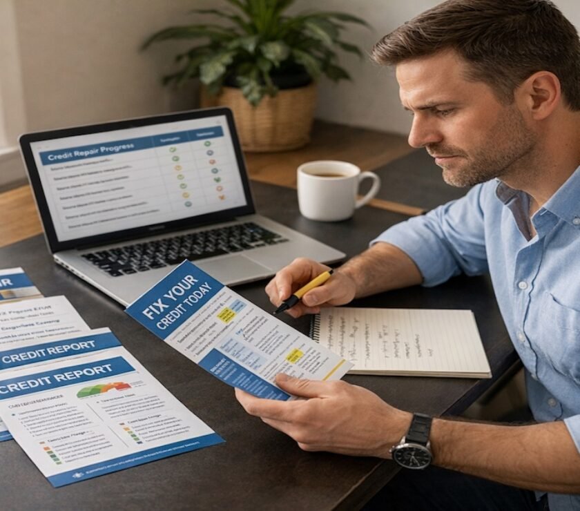 Person carefully comparing credit repair service options and reviews while taking notes at organized home office desk