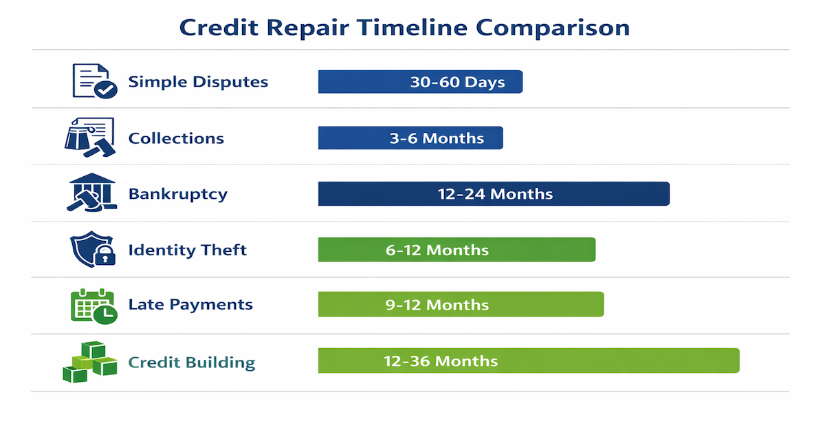 Credit repair timeline comparison chart showing recovery periods from 30 days for error disputes to 36 months for bankruptcy rebuilding