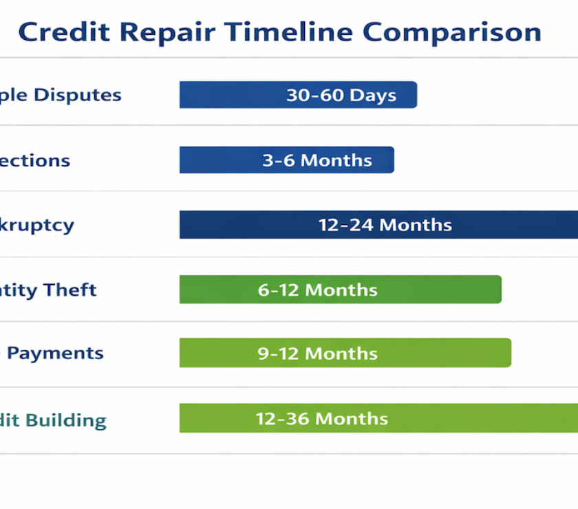 Credit repair timeline comparison chart showing recovery periods from 30 days for error disputes to 36 months for bankruptcy rebuilding