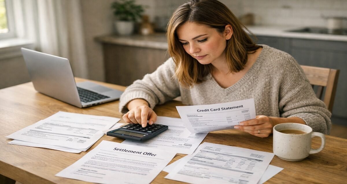Person at kitchen table reviewing debt settlement documents with calculator and laptop in natural morning light, focused expression, warm and hopeful atmosphere, photorealistic style