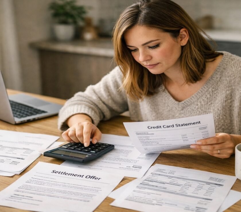 Person at kitchen table reviewing debt settlement documents with calculator and laptop in natural morning light, focused expression, warm and hopeful atmosphere, photorealistic style