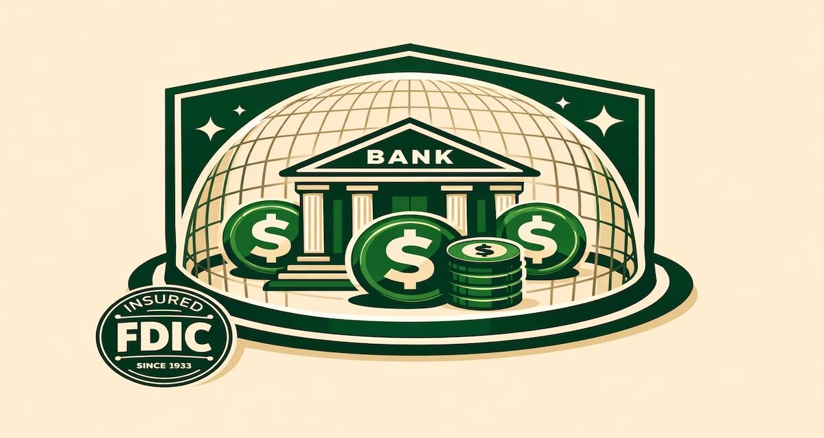 FDIC insurance protection concept showing bank deposits secured with government backing up to $250,000 per depositor