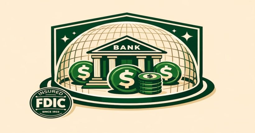 FDIC insurance protection concept showing bank deposits secured with government backing up to $250,000 per depositor