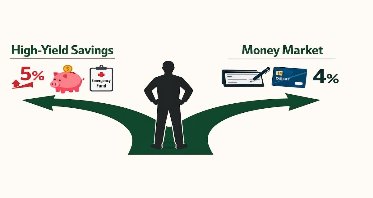 Split-screen financial comparison infographic displaying high-yield savings earning 5.00% APY on left versus money market account earning 4.00% APY on right with feature icons