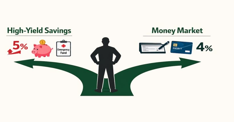 Split-screen financial comparison infographic displaying high-yield savings earning 5.00% APY on left versus money market account earning 4.00% APY on right with feature icons