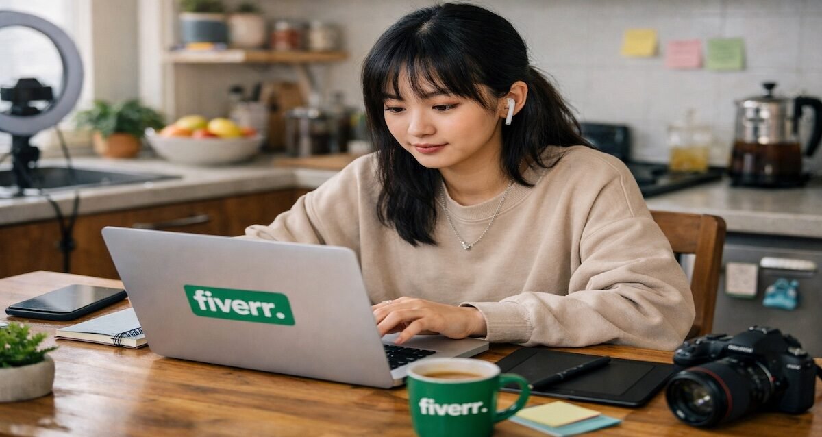 Gen Zer woman working remotely on a Fiverr project