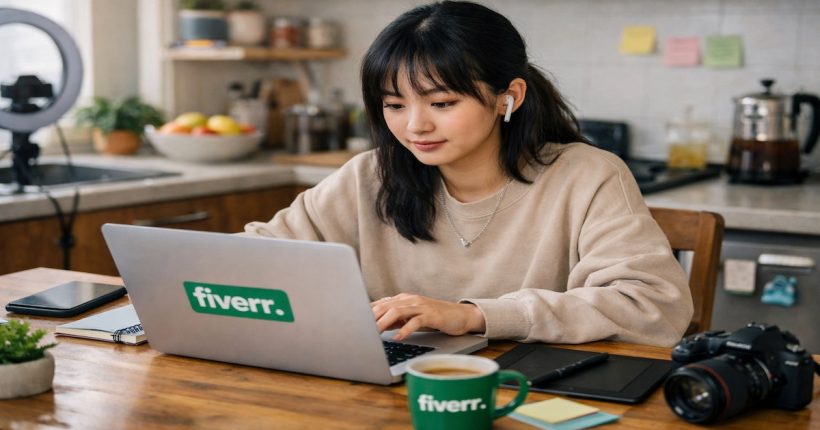Gen Zer woman working remotely on a Fiverr project