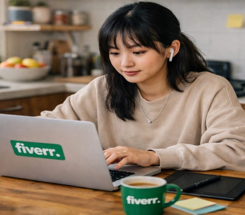 Gen Zer woman working remotely on a Fiverr project