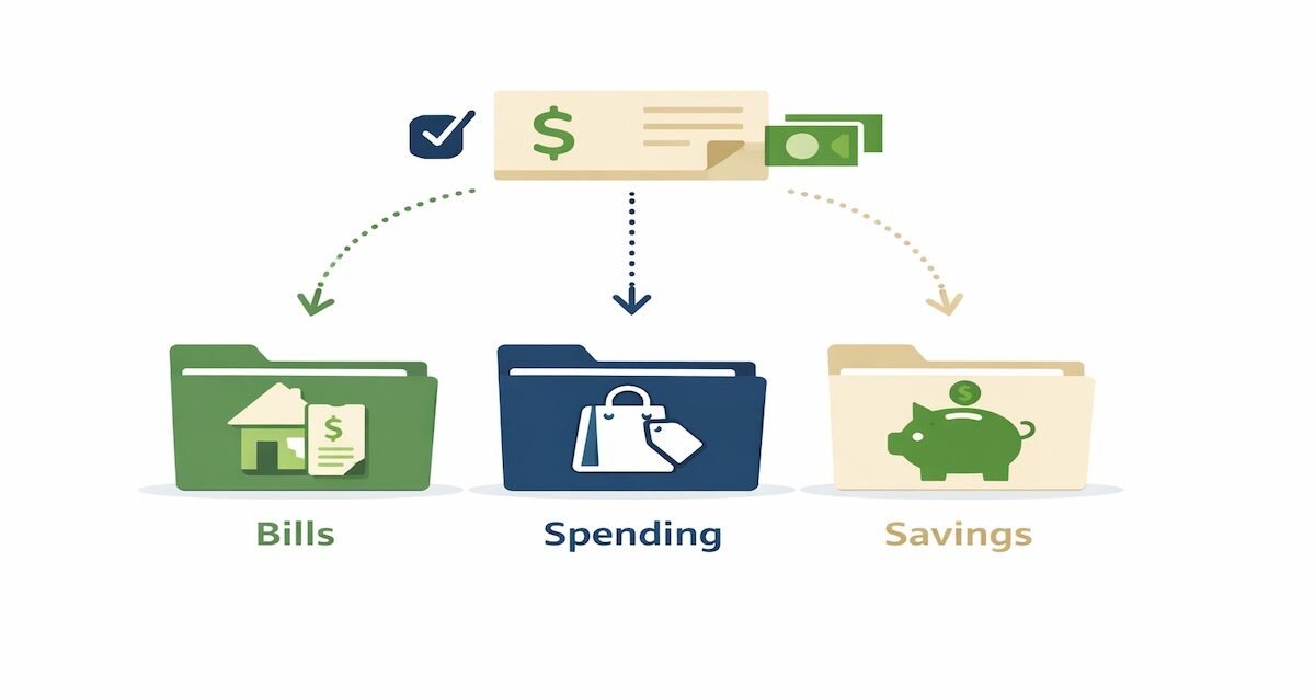 Diagram showing the 3-account money management system with income flowing into three separate accounts labeled Bills, Spending, and Savings, each represented with distinct icons on a clean white background