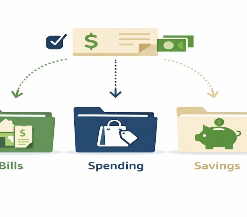 Diagram showing the 3-account money management system with income flowing into three separate accounts labeled Bills, Spending, and Savings, each represented with distinct icons on a clean white background