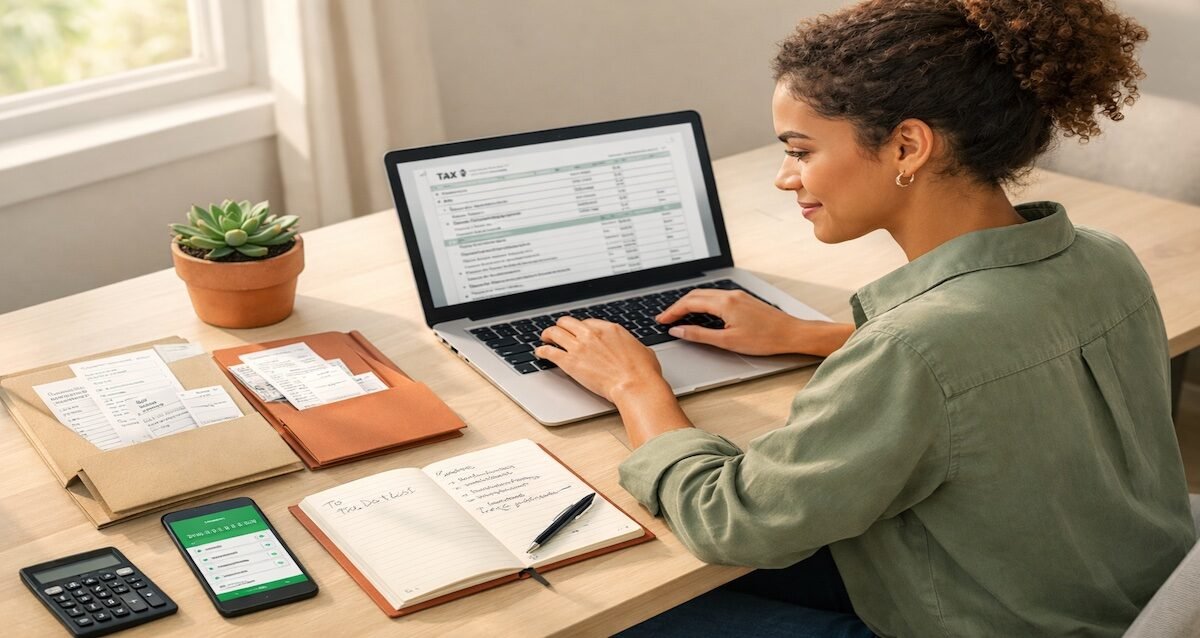 Young professional managing side hustle taxes at organized home office desk with laptop, receipts, calculator, and smartphone showing banking app
