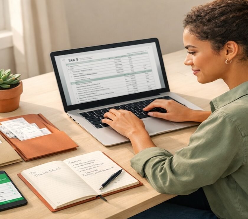 Young professional managing side hustle taxes at organized home office desk with laptop, receipts, calculator, and smartphone showing banking app