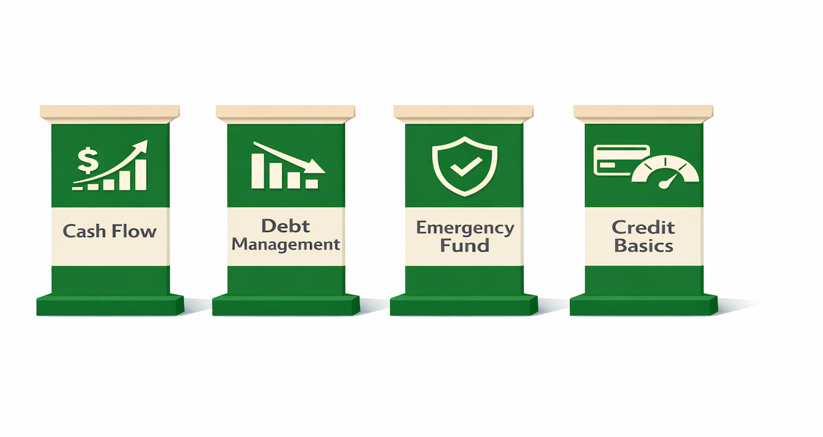 One-day financial foundation checklist showing four achievable steps: track cash flow (30 min), create debt inventory (20 min), start $300 emergency fund (10 min), and check credit score (10 min), totaling 70 minutes to build a strong financial foundation
