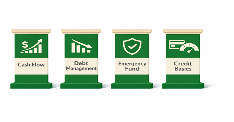 One-day financial foundation checklist showing four achievable steps: track cash flow (30 min), create debt inventory (20 min), start $300 emergency fund (10 min), and check credit score (10 min), totaling 70 minutes to build a strong financial foundation