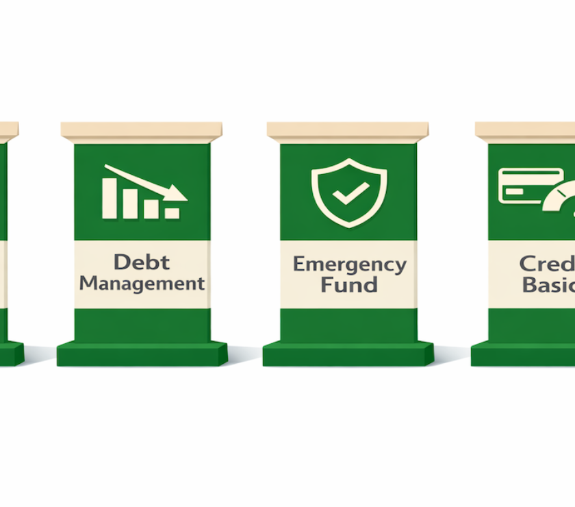 One-day financial foundation checklist showing four achievable steps: track cash flow (30 min), create debt inventory (20 min), start $300 emergency fund (10 min), and check credit score (10 min), totaling 70 minutes to build a strong financial foundation