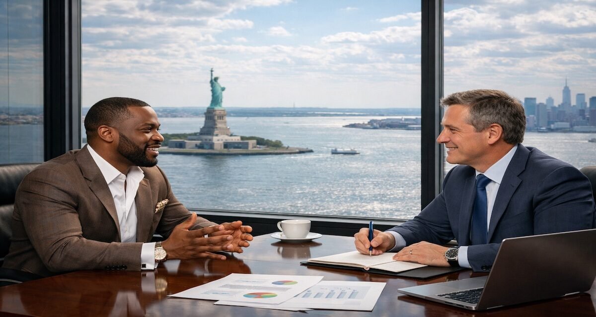Wealthy client sit in office overlooking NY harbor in consultation