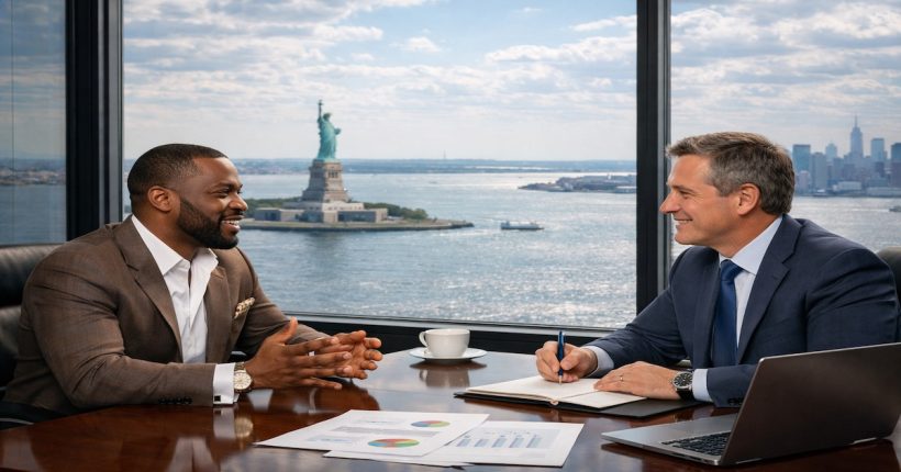 Wealthy client sit in office overlooking NY harbor in consultation