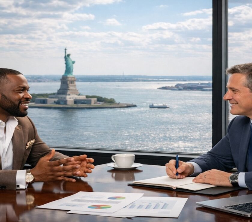 Wealthy client sit in office overlooking NY harbor in consultation