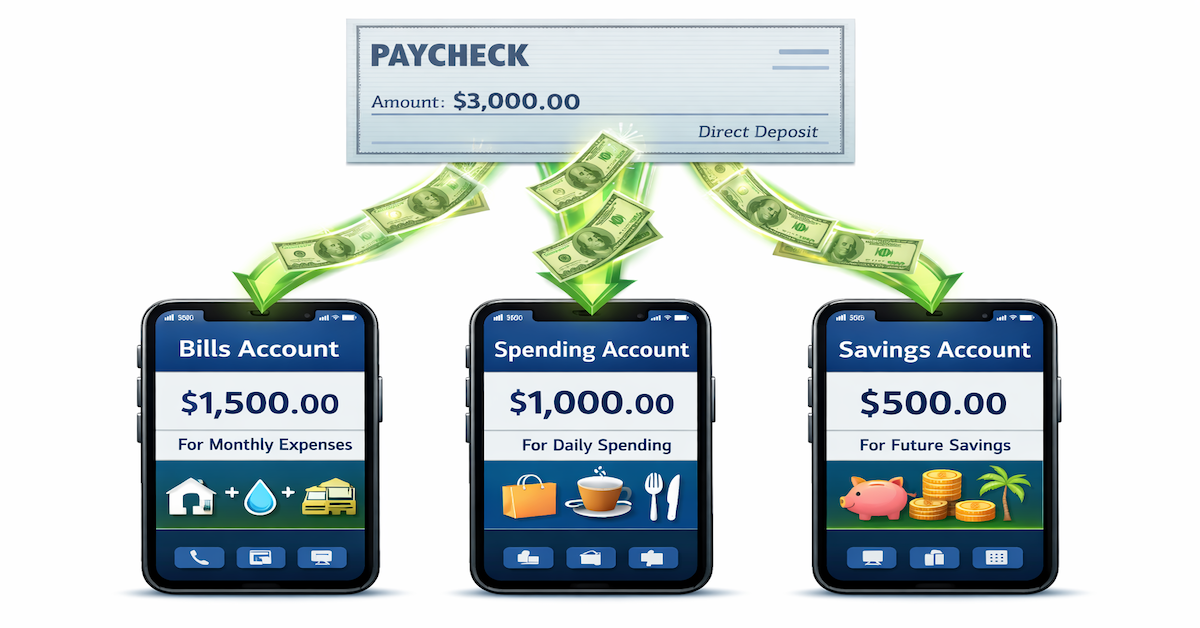 Three separate bank accounts showing bills account, spending account, and savings account with money flowing from paycheck into each designated account automatically