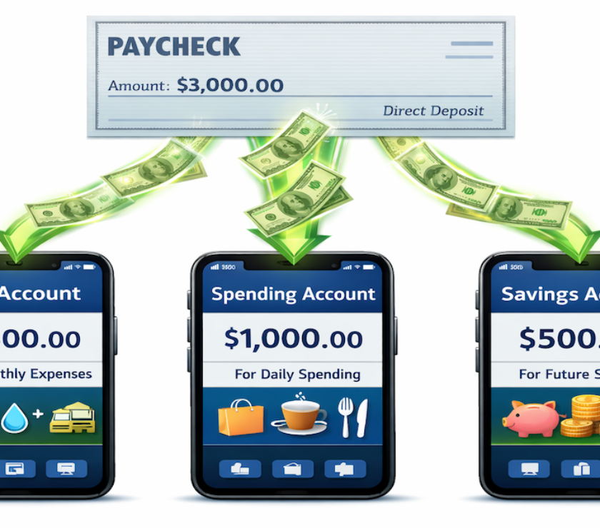 Three separate bank accounts showing bills account, spending account, and savings account with money flowing from paycheck into each designated account automatically