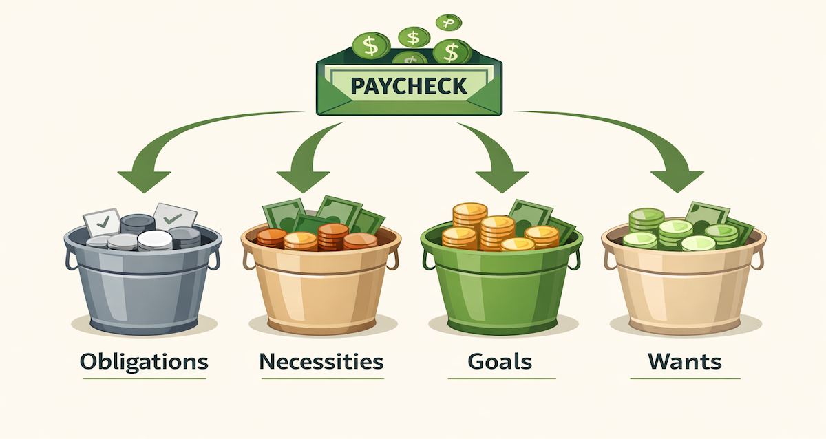 Four-bucket money system showing paycheck splitting into obligations, necessities, goals, and wants accounts
